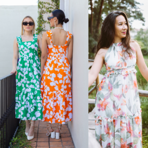 A woman in a green floral wedidng guest dress, orange floral wedding guest dress and a colorful wedding guest dress for inspiration for a summer wedding at Ocoee Lakeshore Center.