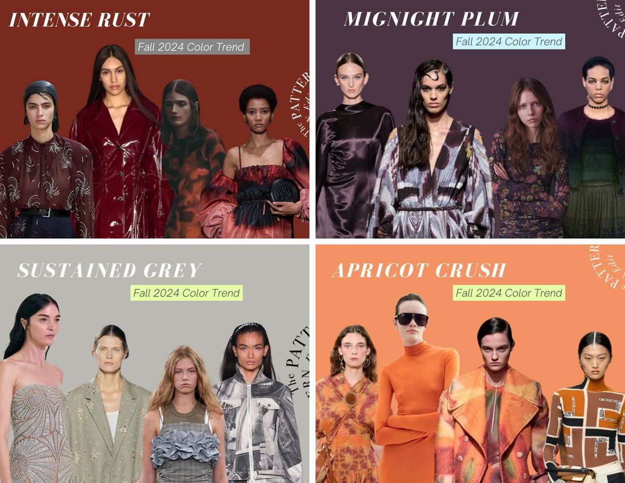 Fall colors for 2024 weddings, events and fashion are going to be intense rust, midnight plum, sustained grey and apricot crush.