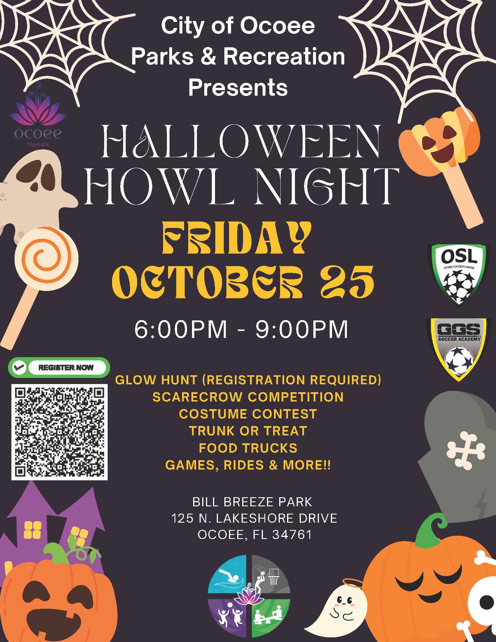 Ocoee Lakeshore Center Halloween Howl Night featuring a Scarecrow Content, Trunk-or-Treat, Costume Contest, Food and more here in Ocoee, Florida