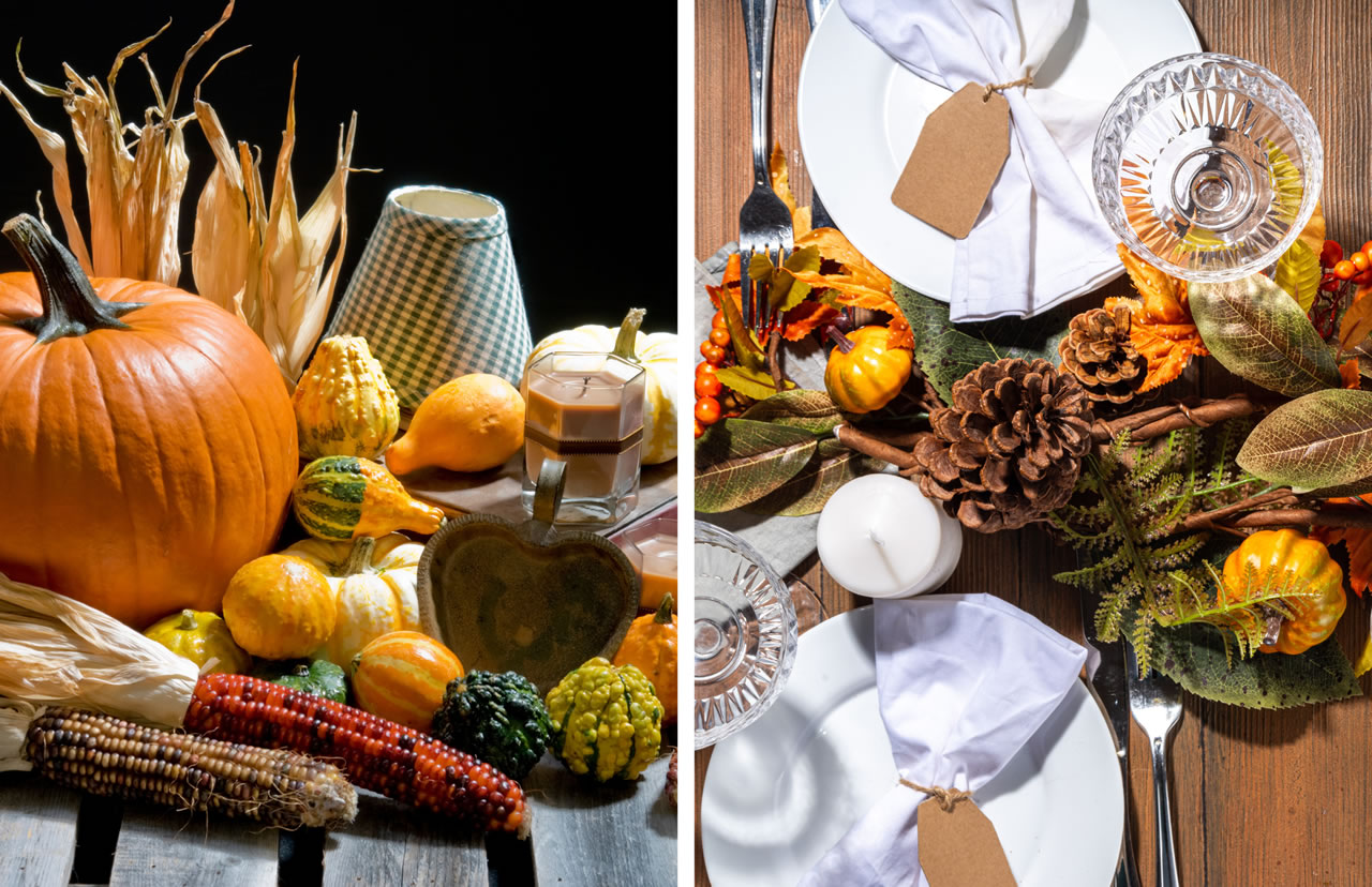 fall tablescape with pumpkins and pinecones and fall leaves as well as fall decor pumpkins and gourds.