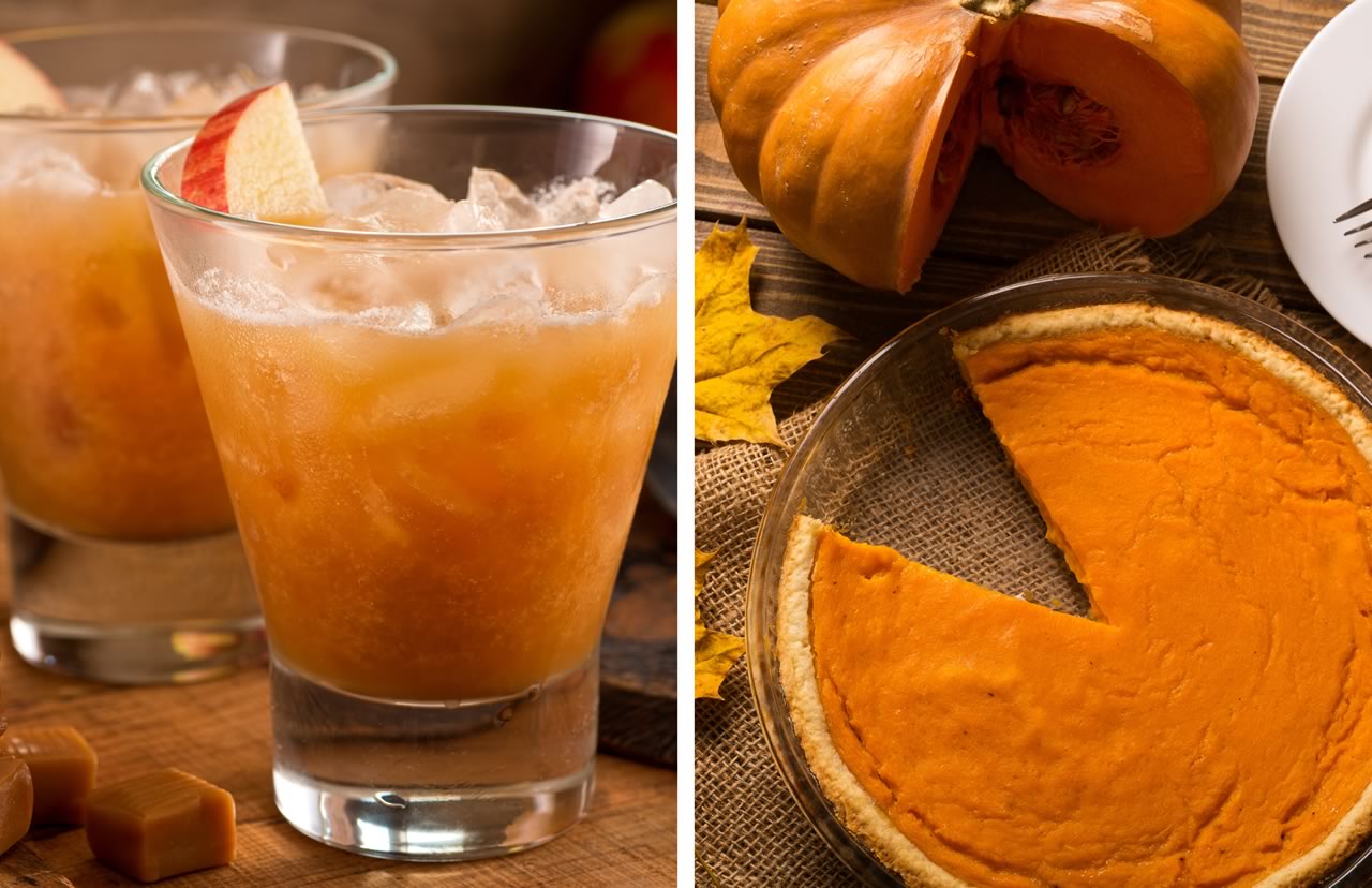 fall inspired drinks like apple cider and food such as apple pie.