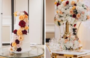 flowers in burgundy, apricot, blush and white on a cake and also as a center piece inside ocoee lakeshore center